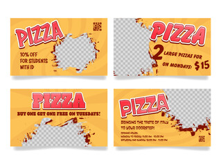 Pizza loyalty card for sale special offer design template with copy space set vector illustration