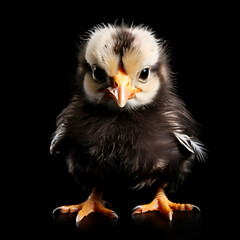 Fototapeta premium Home pet hen chick on a black background closeup