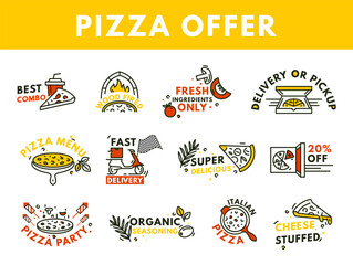 Pizza offer promo minimalist line emblem badge design template set vector illustration