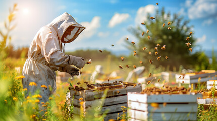 Fototapeta premium View of honey bee farm and a beekeeper, checking the beehive box, with sunlight in the background.