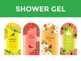 Body wash shower gel with fruit berries label package design template set vector flat