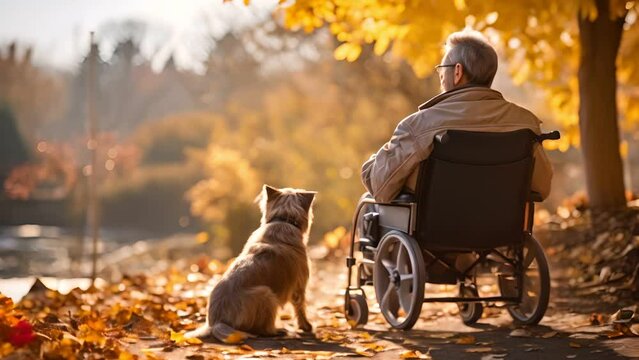 Lonely senior man in a wheelchair with dog in nursing home looking out the window
