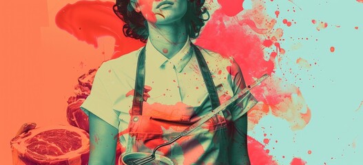 A butcher with a knife in hand is cutting meat on a table. AIGZ01