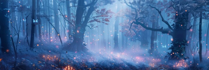 Fototapeta premium An enchanted pastel forest with glowing fireflies and mist