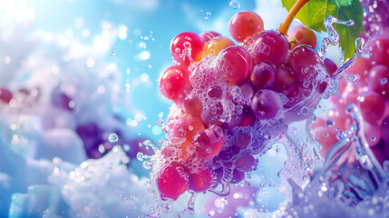 A whimsical scene of a bunch of grapes floats playfully in a clear blue sky, surrounded by a swirling vortex of purple and green grape juice.