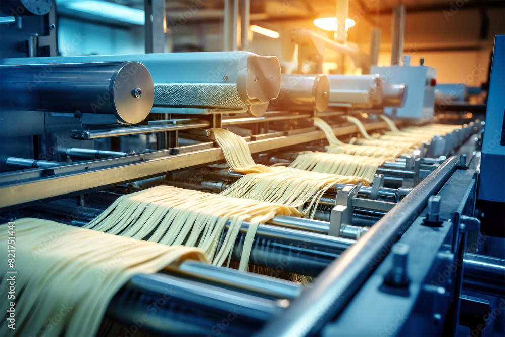 Poster capturing the mesmerizing process of pasta production in a bustling factory, showcasing a continuous