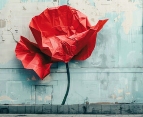 Giant red poppy sculpture made of crumpled paper installed against a blue textured wall on a city street. Memorial day, National Poppy Day
