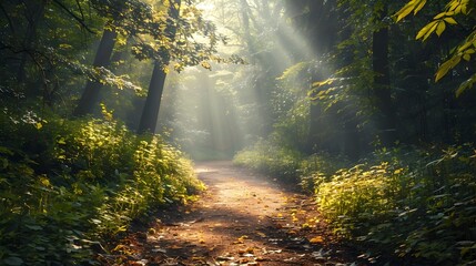 Fototapeta premium Enchanting Woodland Path with Sunlight Streaming Through Lush Foliage Inviting Nature