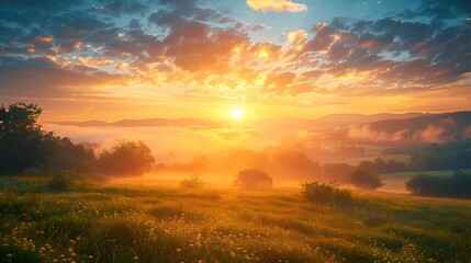 Breathtaking Sunrise Over Tranquil Countryside Symbolizing New Beginnings and Boundless Possibilities