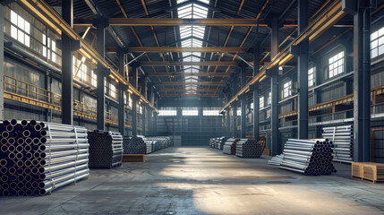 A bustling warehouse filled to the brim with an abundance of metal pipes, creating a maze of steel beams and industrial chaos