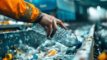 Obraz premium A person passionately places plastic bottles into a recycling bin at a waste recycling plant
