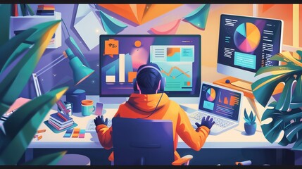 Graphic Designer Crafting Visuals: A graphic designer utilizes digital tools and creative flair to craft eye-catching visuals, including logos, advertisements, and illustrations that communicate messa