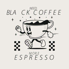 Groovy Cartoon Black Coffee Character Vintage Style