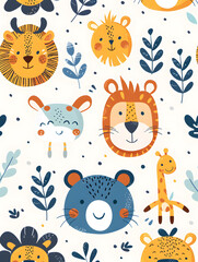 Adorable mid-century modern cartoon safari animals with colorful leaves. Perfect for children's
