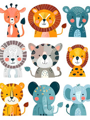 Obraz premium Adorable mid-century modern cartoon safari animals with colorful leaves. Perfect for children's