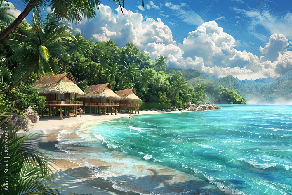 Poster a painting of a tropical beach setting with palm-thatched huts and the azure sea in the background. 