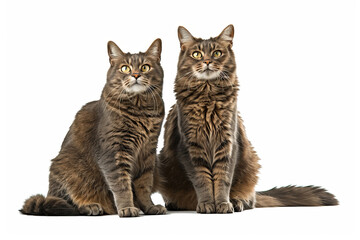  Adorable male and female Shorthair cats, sitting up and laying down facing front together. Looking straight to camera. Isolated on a white.