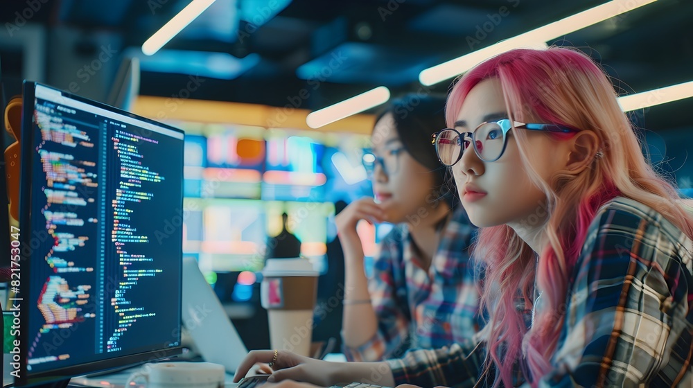 Poster young female programmer engrossed in code on computer screen in vibrant futuristic workspace
