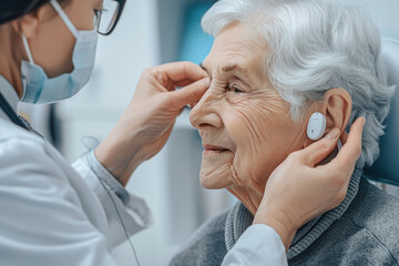 Doctor fitting a senior’s ear with a hearing aid - Powered by Adobe