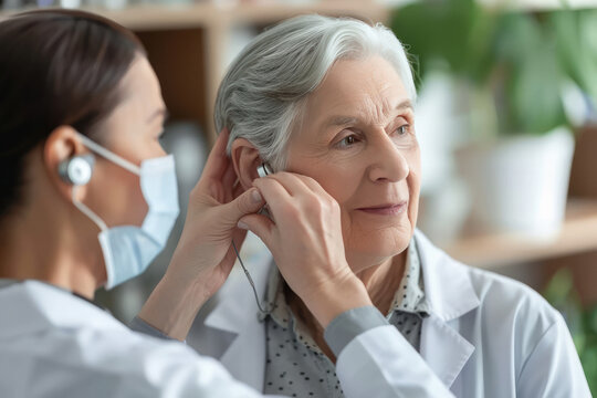 Doctor fitting a senior’s ear with a hearing aid