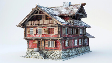 A rustic 3D German mountain chalet with a stone base and wooden upper story, painted in classic red, against a white backdrop.