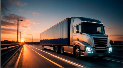 Obraz premium A truck with a semi-trailer transporting containers across a city bridge in the light of the evening sunset.