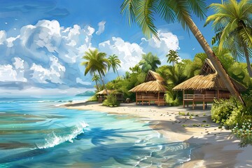 Fototapeta premium Lush palm trees line a sandy tropical beach with crystal clear waters in a vibrant painting. Generative AI