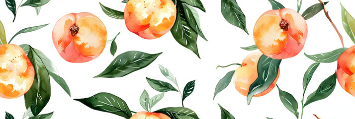 Obraz premium peaches and leaves pattern, white background, watercolor. AI