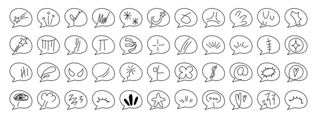 Anime emotion effect design elements with speech bubbles. Manga collection of arrows, sparkles, expression signs. Vector illustration