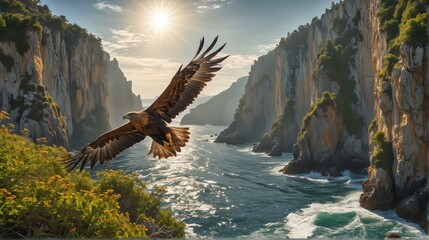The eagle soars over the river and mountains