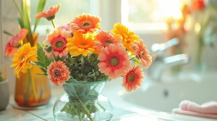 A vase overflowing with bright orange and yellow flowers, adding a pop of color to the room