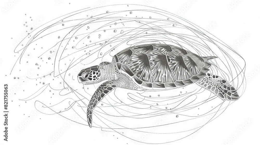 Poster a monochrome illustration of a turtle swimming in an ocean with wave patterns on its back