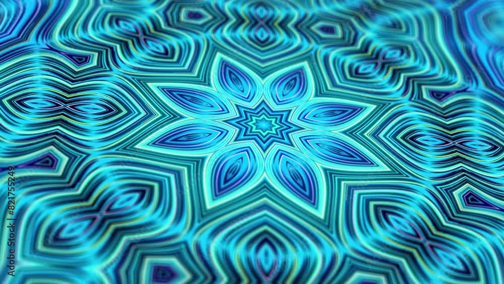 Poster kaleidoscopic structure with neon flash lights. pattern like symmetrical radial ornament on blue pla