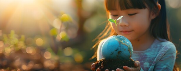 Naklejka premium Child Holding Globe in Hands Surrounded by Nature Symbolizing Environmental Education and Preservation of Our Planet