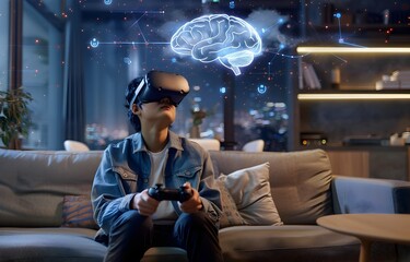 Man Immersed in Virtual Reality Gaming with Brain Interface Technology