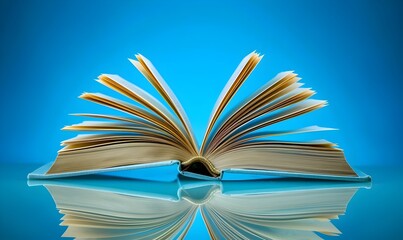 Open book on blue background with pages reflecting in water education business creativity concept