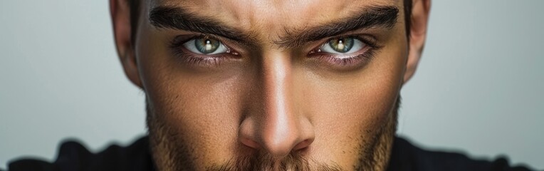 Detailed view of a young mans face showcasing striking green eyes