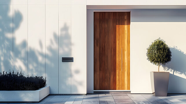 Front view of a Modern Wooden Door Entrance with Potted Plants and Stone Wall Design in Residential House