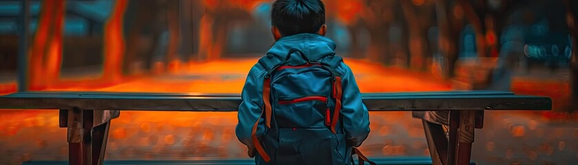 Obraz premium Schoolboy with rucksack at desk, rear view, back to school, classroom setting, focused on studies, sunny day