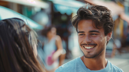 Obraz premium Charming man enjoying a lively conversation on a bustling city street