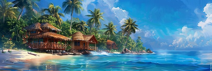 A painting of a tropical beach featuring a hut by the shore with a view of the azure sea. Generative AI - Powered by Adobe