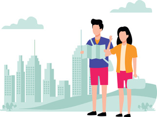 Boy and girl looking for travel destination on map.