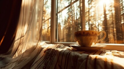  A coffee cup atop a saucer on a windowsill, overlooking a forest scene