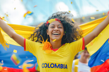 Colombian football soccer fans in a stadium supporting the national team, with scarfs and flags, Los Cafeteros
