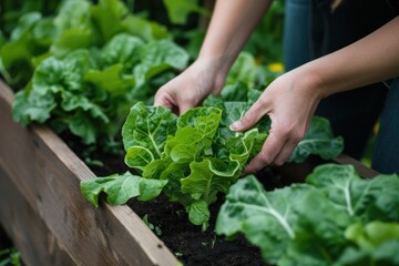 A woman harvesting fresh lettuce from a raised garden bed, illustrating sustainable home gardening.