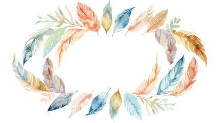 Oval frame with watercolor feathers and leaves for we