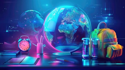 vibrant 3D globe with realistic textures and detailed continents, set against a schoolthemed backdrop with a yellow backpack and an alarm clock, perfect for educational visuals