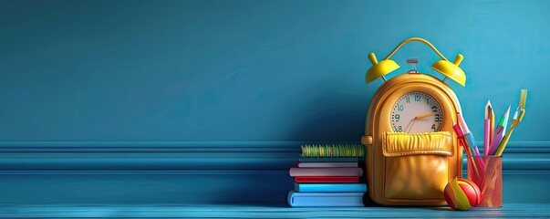 vibrant 3D rendering of an alarm clock with a yellow backpack and green chalkboard backdrop, capturing the essence of backtoschool energy and educational themes