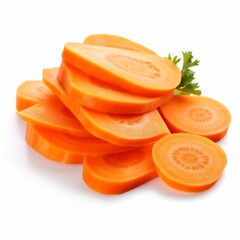 Chopped carrot slices and parsley herb leaves still life isolated on white background cutout