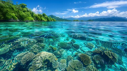 Turquoise Lagoon Surrounded by Lush Greenery and Vibrant Coral Reefs Peaceful Ocean Seascape